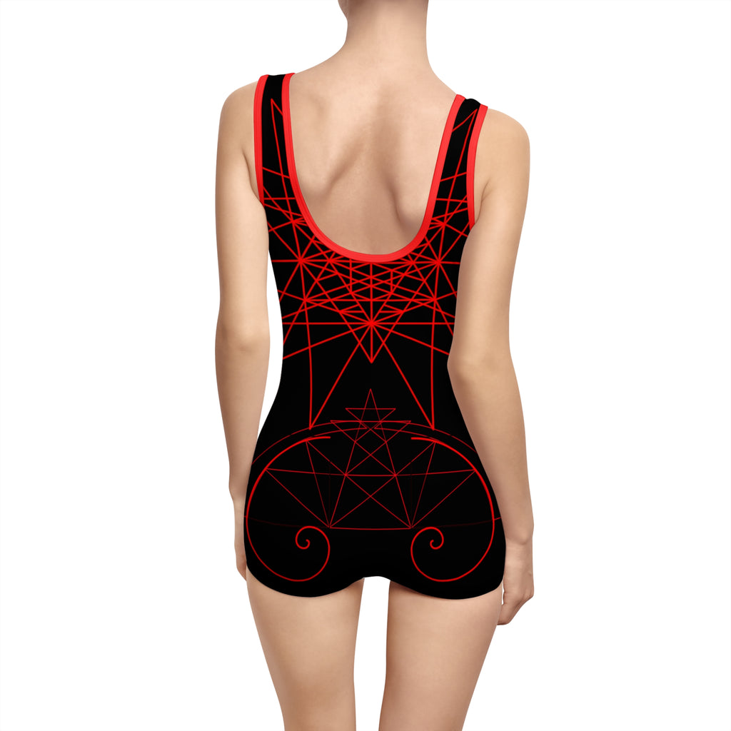 Red Geometric Starburst Swimsuit | Vintage Style One-Piece