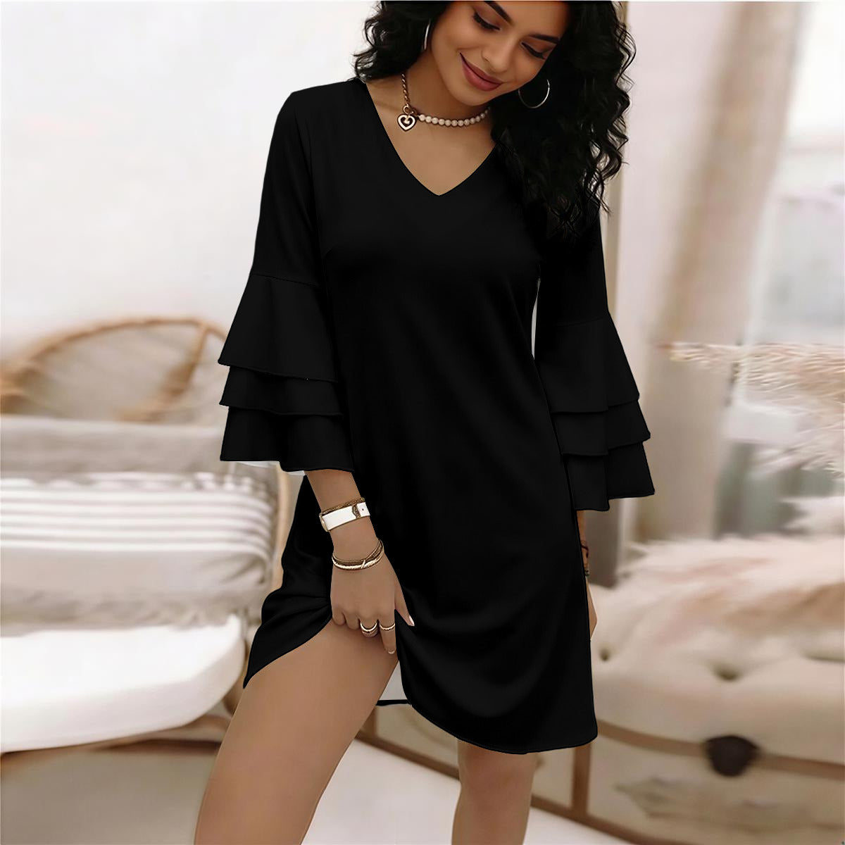 Women's Stacked Ruffle Sleeve Dress