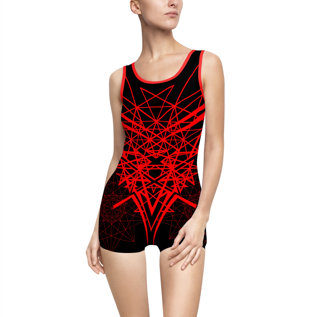 Red Geometric Starburst Swimsuit | Vintage Style One-Piece