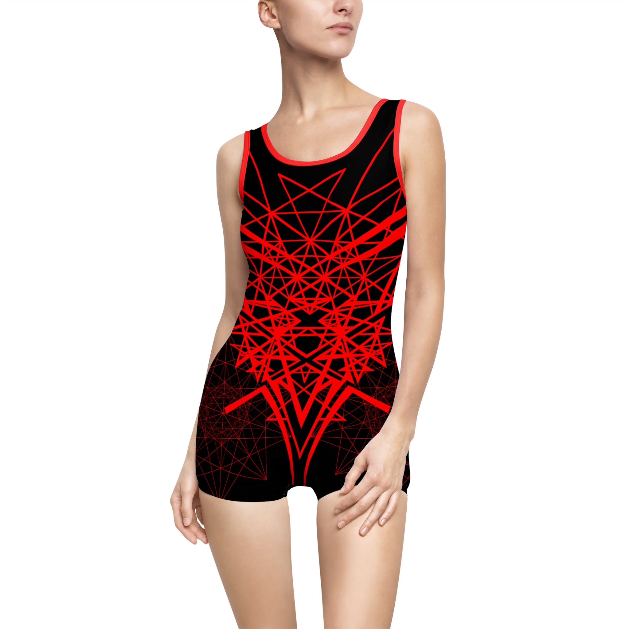Red Geometric Starburst Swimsuit | Vintage Style One-Piece